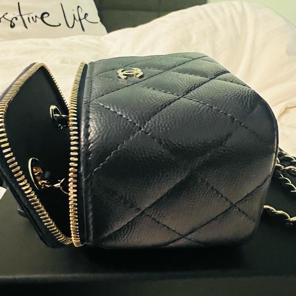 CHANEL Caviar Quilted Mini Vanity Case with Chain, Navy Blue